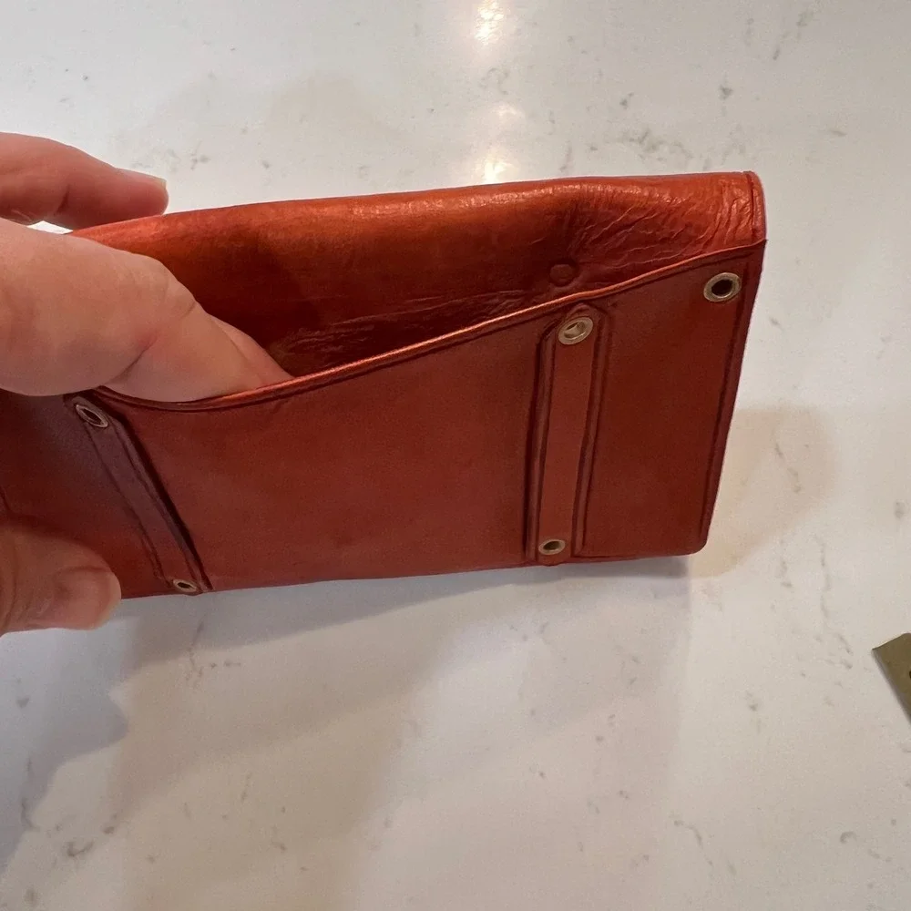 Vintage Burnt Orange Leather Envelope Clutch Triple Snap Hand Made Wallet